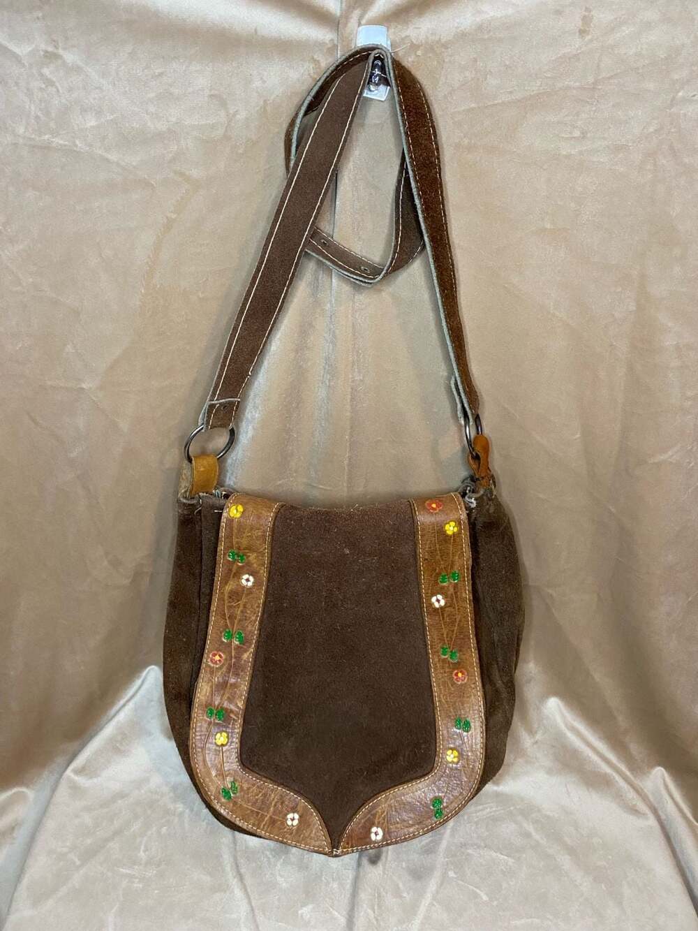 Vintage 70s Boho Brown Suede Crossbody Bag Hand Painted Floral Leather Flap